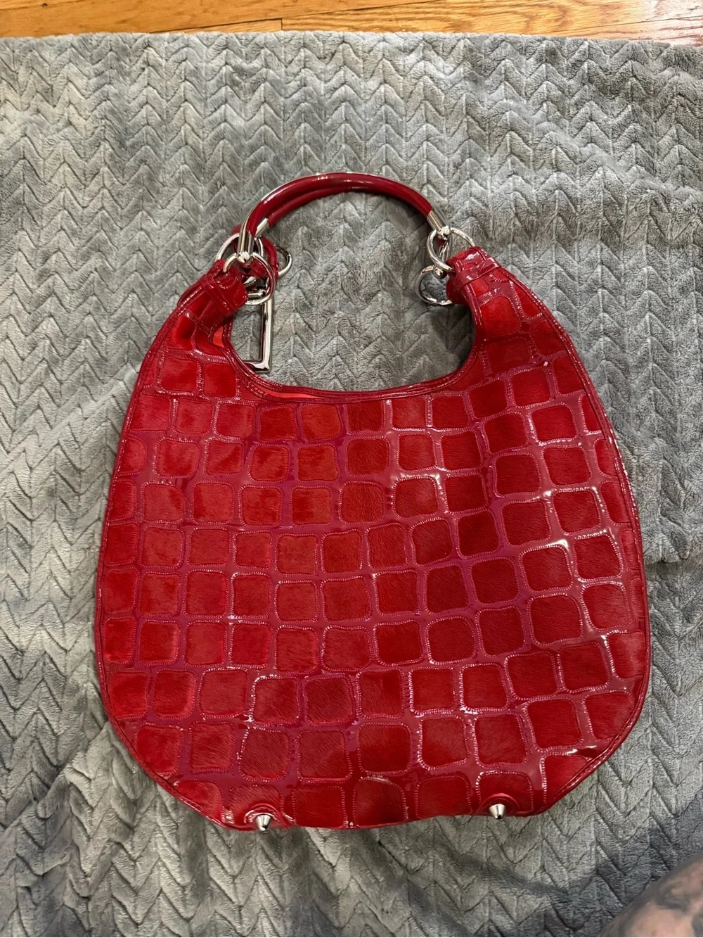 Christian Dior Vintage Red Pony Hair Hobo Bag with Metal D-Ring Accent